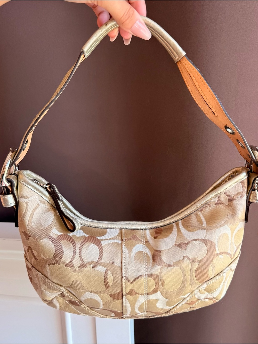 Vintage Coach soho tan & gold monogram hobo bag